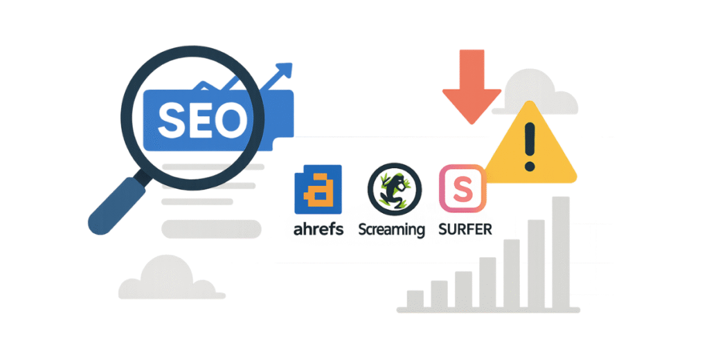 Do SEO Tools Help Prevent Over-Optimization? ( show the seo tools icons Ahrefs, Screaming Frog, Surfer SEO)

