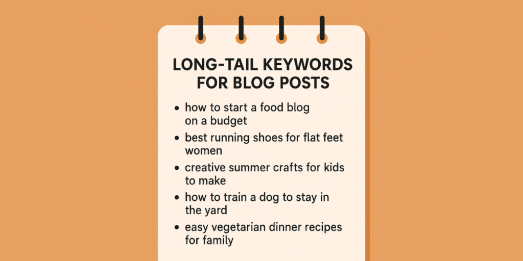 Illustration of a blogger using keyword research tool with highlighted long-tail keywords for blog posts