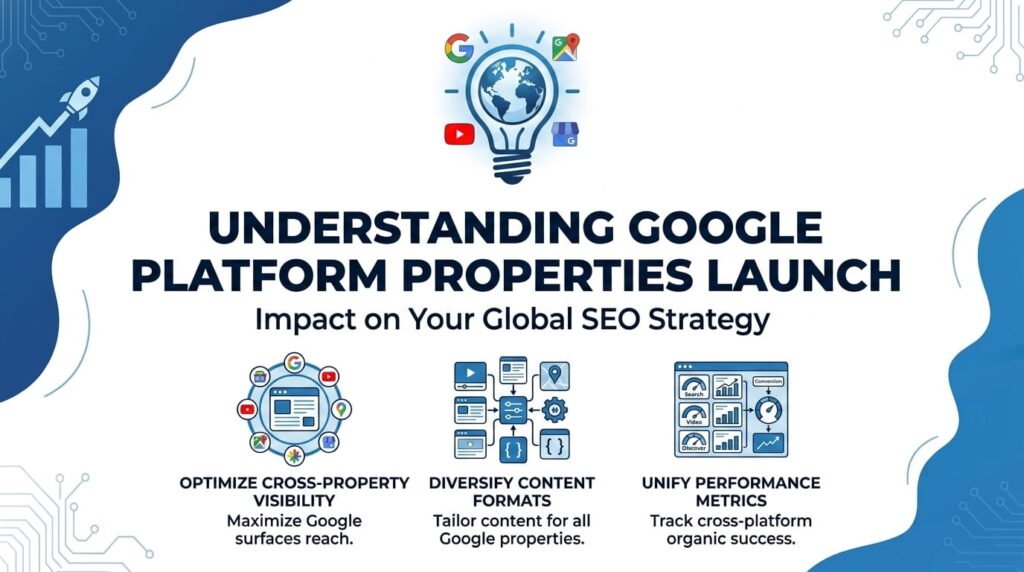 Google_Platform_Properties_SEO_I…_202607302153 An infographic detailing the effects of Google platform properties on global SEO strategy development and implementation.