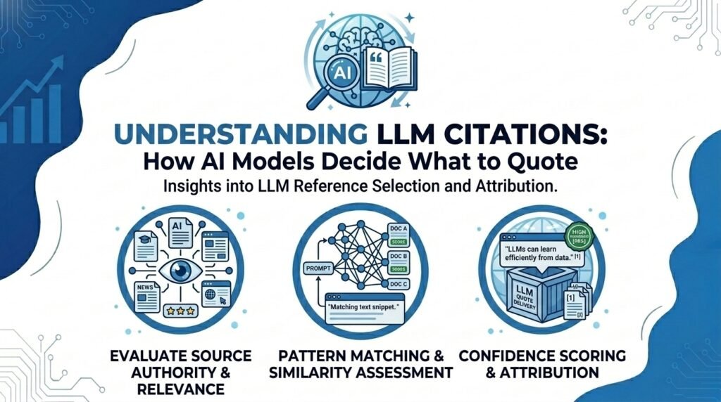 Diagram illustrating how language models determine citation choices in text generation and their decision-making process.