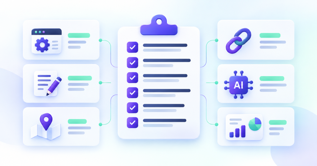 Checklist and modular technical, content, local, AI and reporting components of an SEO package