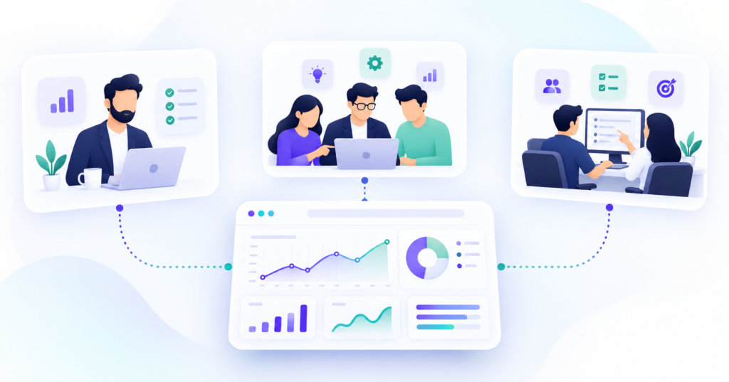 SEO consultant, agency team and in-house marketers compared around one analytics dashboard in Pakistan