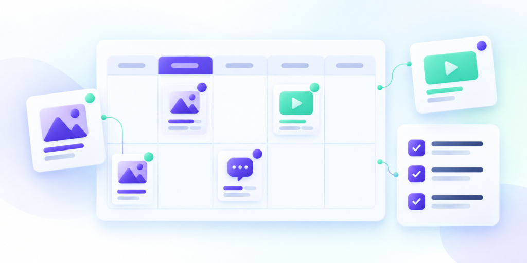 A social media calendar contains photo, video and message cards beside a checklist.