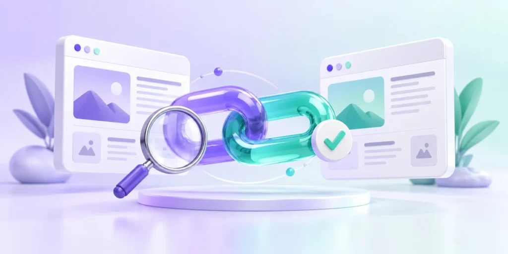 Linked browser cards with purple and teal chain links and a review magnifier.