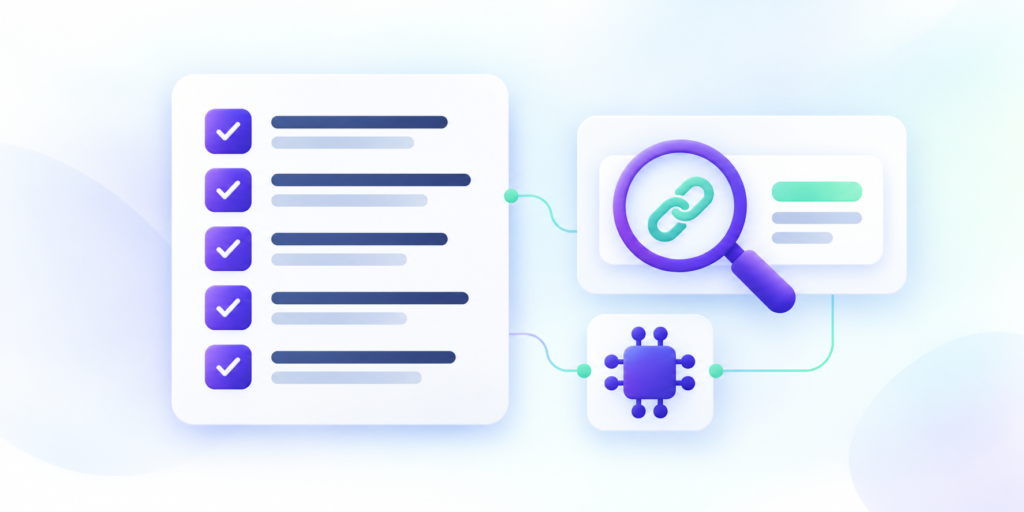 A readiness checklist sits beside a magnified source link and purple circuit icon.