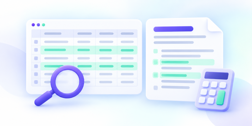 Highlighted spreadsheet rows and report entries appear beside a purple magnifier and calculator.
